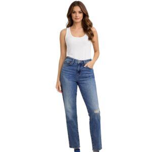 FRAME Le Sylvie Slender Straight Jeans Size 24 Halston High Rise Slit Hem Blue